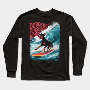 Wave Rider: Doberman Pinscher Dog Surfing in Style Long Sleeve T-Shirt